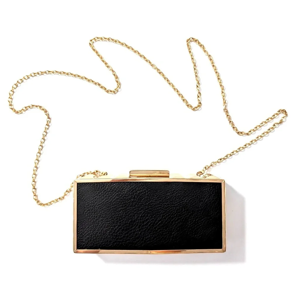 Kate Landry Gold Studded Box Clutch Black Convertible Crossbody Removable Chain